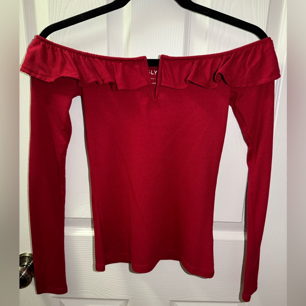 Red off the shoulder top with ruffles